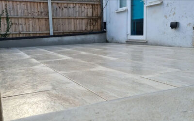 BPM Landscapes Chelmsford, Essex. Porcelain raised patio and side passage on going installation.